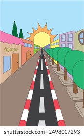 Illustration of a colorful streetscape with road and sidewalk, houses, shops and trees.