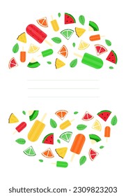 Illustration of colorful summer background with fruits and ice cream. Juicy background for note, scrapbooking, card, flyer, banner. 