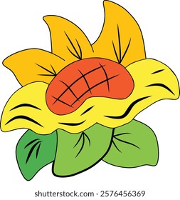 Illustration of a Colorful Sunflower with Green Leaves and Vibrant Petals