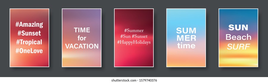 Illustration of colorful sunset and sunrise paper cards with text. Blurred modern gradient mesh background. Vector set.