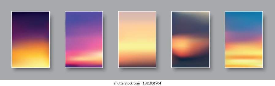 Illustration of colorful sunset and sunrise paper cards. Blurred modern gradient mesh background. Vector set.