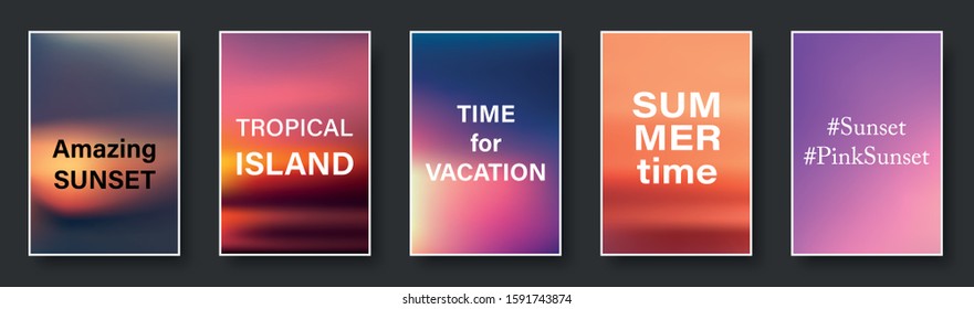 Illustration of colorful sunset and sunrise paper cards with text. Blurred modern gradient mesh background. Vector set.