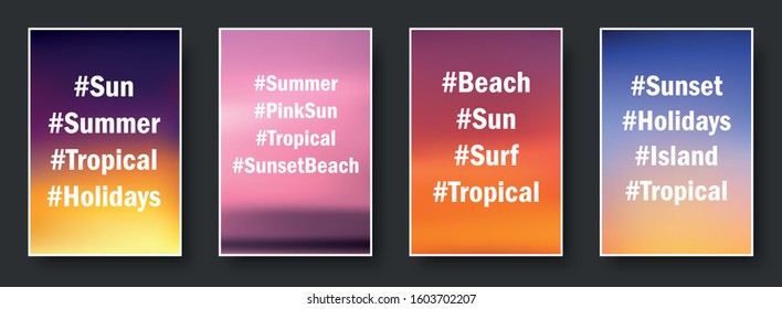 Illustration of colorful sunset and sunrise paper cards with text. Blurred modern gradient mesh background. Vector set.