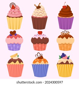 Illustration of colorful sweet cupcakes with various toppings and flavors collection vector stock