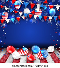 Illustration Colorful Template for American Holidays, Bunting, Balloons and Confetti. Space for Your Text. Traditional Colors of USA - Vector