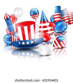 Illustration Colorful Template for American Holidays with Balloons, Party Hat, Firework Rocket, Flag and Confetti. Objects with Reflection and Shadows - Vector