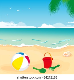 illustration of colorful toys lying on the sand by the sea