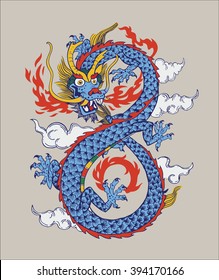 Illustration of Colorful Traditional Chinese oriental Dragon Spewing Flames, vector illustration. Infinity shape. Isolated.