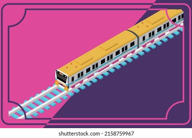 Illustration of a colorful train running on a railroad track.Colorful banner illustration with 3D isometric view. Copy space, frames available. Tourism concept.
