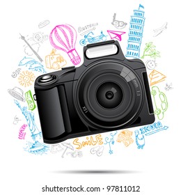 illustration of colorful travel doodle behind camera