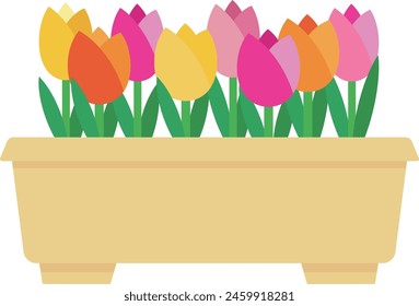 Illustration of colorful tulips in a planter