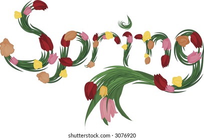 Illustration of colorful tulips Spring text, with no gradients.