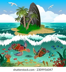 Illustration with colorful turtles underwater.Island with palm trees and rock, turtles and fish underwater in color vector illustration.