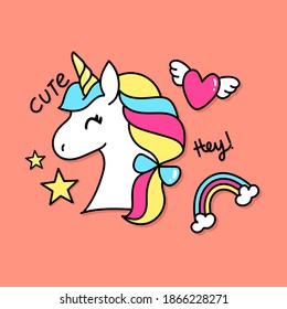 ILLUSTRATION OF A COLORFUL UNICORN WITH CUTE ELEMENTS, SLOGAN PRINT VECTOR