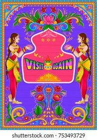 illustration of colorful Visit Again banner in truck art kitsch style of India