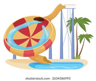 Illustration of a colorful water park slide, with a round structure with red and yellow stripes curving into a pool surrounded by tropical palm trees