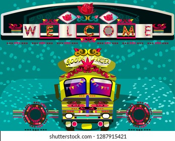 illustration of colorful welcome banner  or poster in truck art kitsch style.Indian and Pakistani  design.