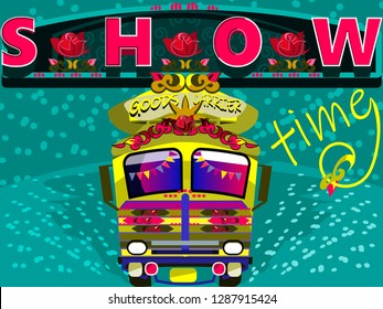 illustration of colorful welcome banner  or poster in truck art kitsch style.Indian and Pakistani  design.