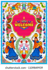 illustration of colorful Welcome banner in truck art kitsch style of India