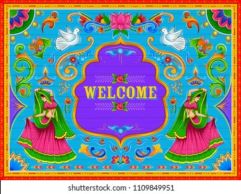 illustration of colorful Welcome banner in truck art kitsch style of India