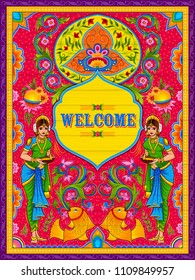 illustration of colorful Welcome banner in truck art kitsch style of India