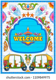 illustration of colorful Welcome banner in truck art kitsch style of India