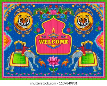 illustration of colorful Welcome banner in truck art kitsch style of India