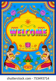 ilustración de coloridas pancartas de bienvenida al estilo kitsch de arte coche de la India