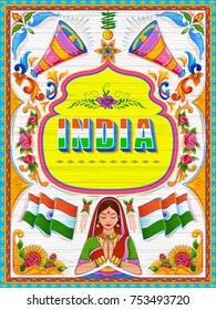 illustration of colorful welcome banner in truck art kitsch style of India