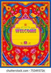 illustration of colorful welcome banner in truck art kitsch style of India