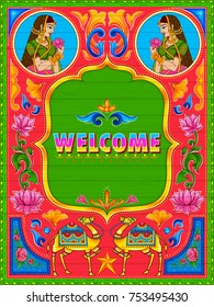 Illustration Of Colorful Welcome Banner In Truck Art Kitsch Style Of India