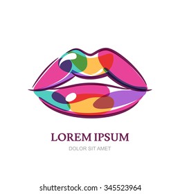 Illustration Of Colorful Womens Lips. Abstract Vector Logo Sign Design. Trendy Concept For Beauty Salon, Cosmetics Product, Lipstick Label, Cosmetology Procedures, Makeup Stylist.