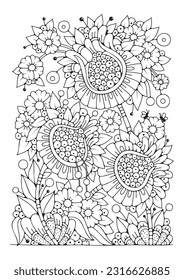 Illustration for coloring. Art therapy. Flower coloring page. 