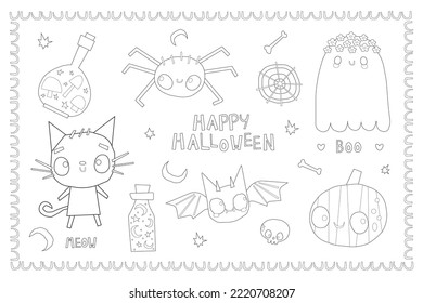 illustration for coloring book with cat, spider, bat, pumpkin, ghost and magic potion.  vector coloring book page