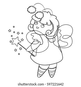 Illustration for a coloring book. Little fairy fairy with a magic wand. Vector character in cartoon style for children. Isolated.