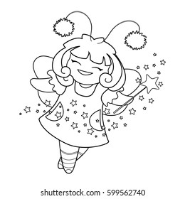 Illustration for a coloring book. Little fairy with a magic wand. Vector character in cartoon style for children. Isolated.