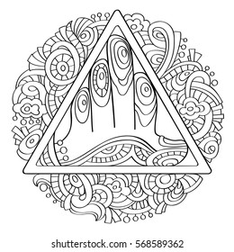Illustration for coloring book page. Drawing hands in a triangular frame with a pattern