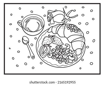 Illustration for coloring book pages. breakfast coffee with croissant, nuts and blueberries, in a cozy atmosphere.