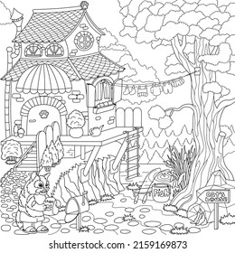 Illustration for coloring book pages. Cat's house by the river. The cat goes fishing and picks up fish chips from the mailbox. Washed clothes dry on a rope. There is a stone by the tree.