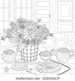 Illustration for coloring book pages. Drinking tea in the living room. A beautiful bouquet in a vase. A pleasant tea party with flowers on the table, pancakes, in a cozy atmosphere.