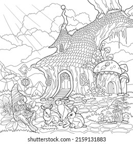 Illustration for coloring book pages. A gnome is playing on a pipe in front of bunnies near his mushroom house in a tree. Fairy tale pictures, cute fantasy house and dwarf in a hat