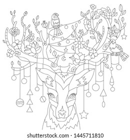 Illustration for coloring - deer with large branched horns, between which hang a variety of decorations, toys, balls and stars, on a white background. Line art