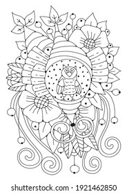 Illustration for coloring. Doodle round flowers. Art therapy. Coloring page for children and adults. Black-white background for drawing.