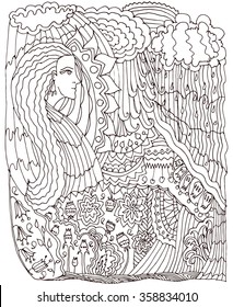 Illustration for coloring with a mermaid decorated with floral ornaments and sea attributes. Coloring or printed production, decoration of public places and children stuff.