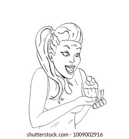 Illustration of a coloring page. Black lines on a white background. The girl is pleased with the cake. Food, emotions