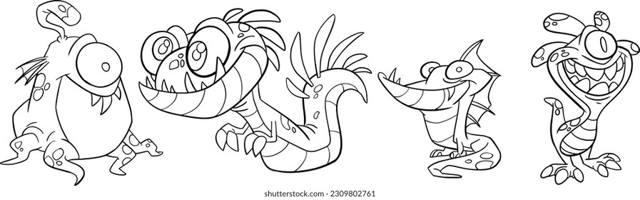 Illustration for coloring page and icon , cartoon style. A cute adorable creepy little monster, thick lines. Isolated white background. Lineart cartoon.