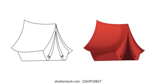 Illustration for coloring page on the theme of summer and travel. Red camping tent. Vector illustration coloring book.