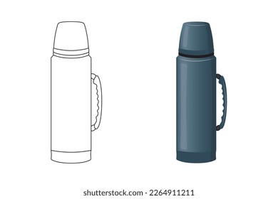 Illustration for coloring page on the theme of summer and travel. Thermos for hot drinks. Vector illustration coloring book.