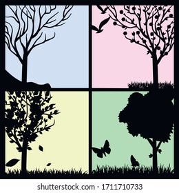 illustration in colour style, the image of the seasons, winter, spring, Summer, Autumn.