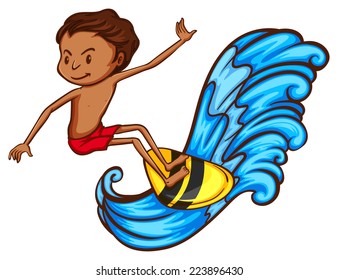 Illustration of a coloured sketch of a boy doing watersport on a white background  